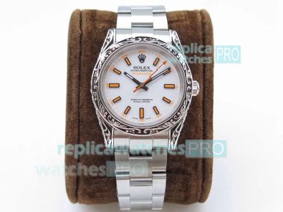 GG Factory Swiss Replica Rolex Milgauss Watch White Dial SS Carving Art Bezel 